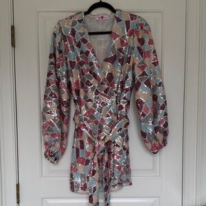 Buddy Love Sequin Mosaic Wrap Dress in Pink, Blue & Cream - size S